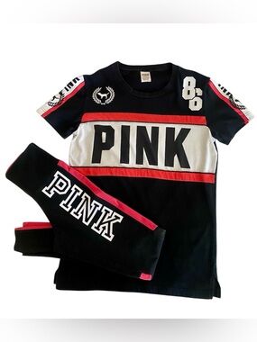 Pink Victoria's Secret Women's Shirt Leggings Matching Set XS Black Red 86 Logo